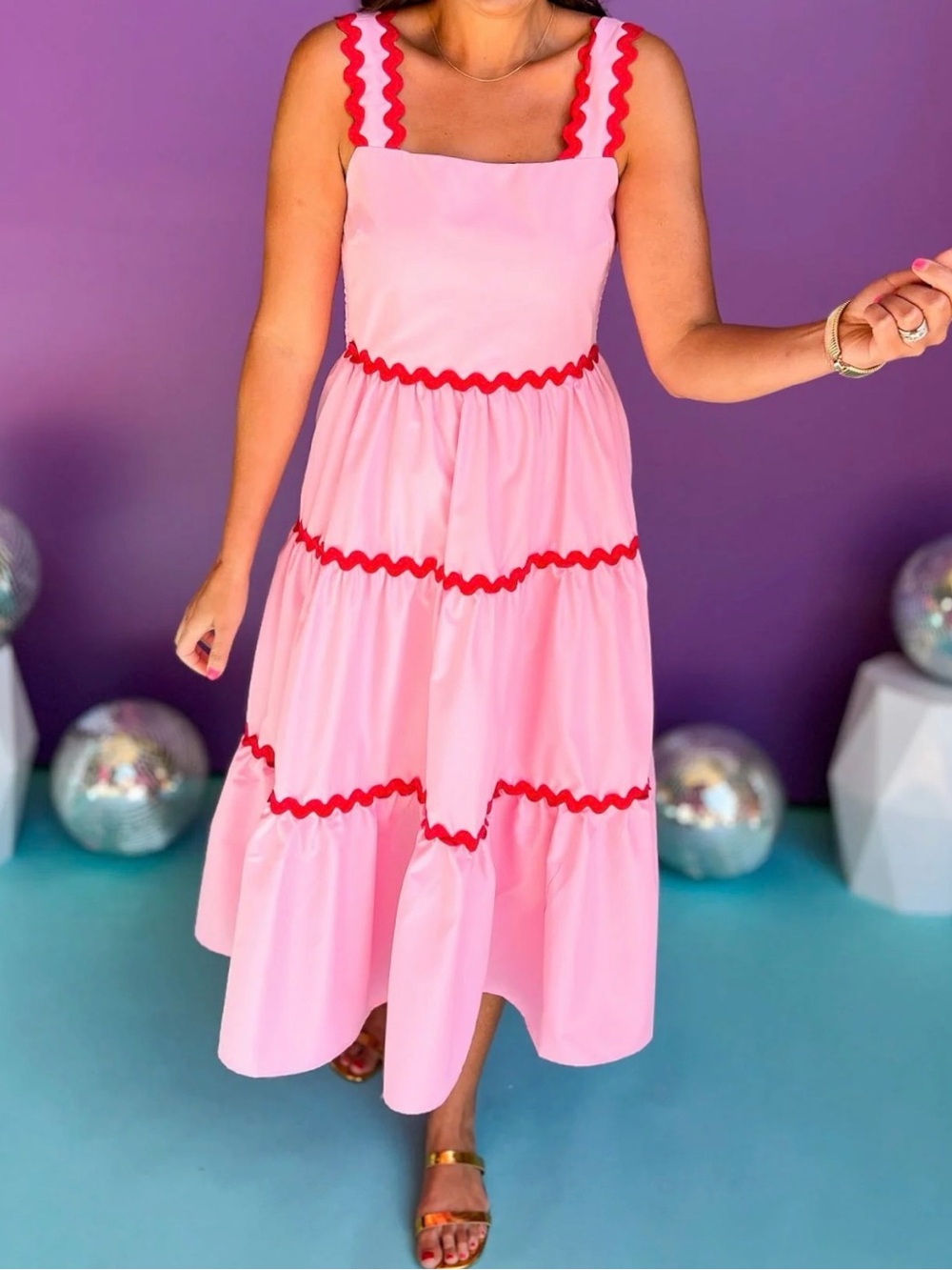 Entro Pink Midi Dress with Red Trim and Ric Rac Straps 2x